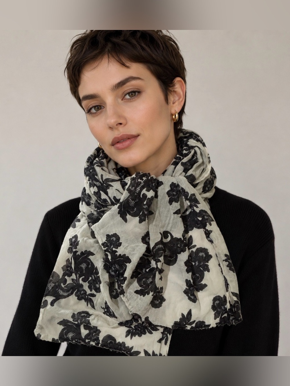 Black Floral Print Scarf  with Cream Background